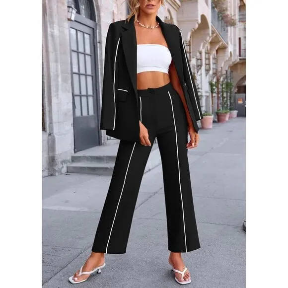 Prettygarden Casual Blazer Women Black Fall 2 Piece Oversized Jacket Wide Leg