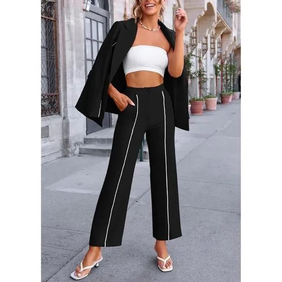 Prettygarden Casual Blazer Women Black Fall 2 Piece Oversized Jacket Wide Leg