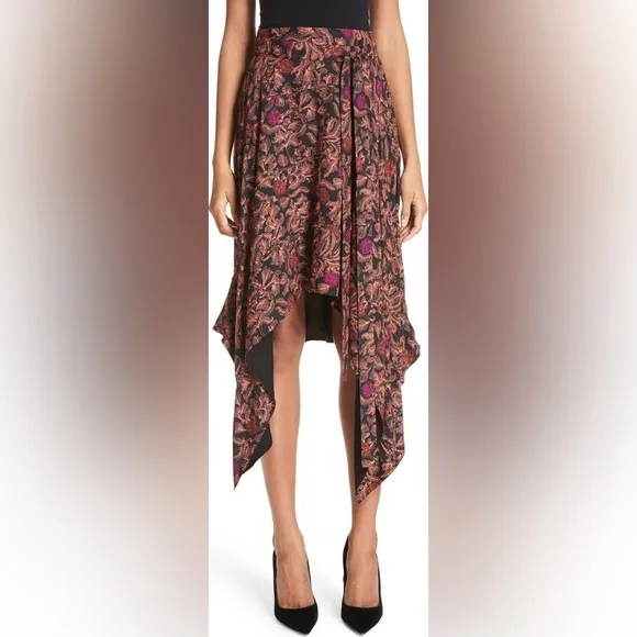 Proenza Schouler Asymetric Floral Sharkbite Crepe De Chine Midi Black Skirt 6
