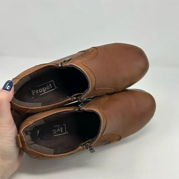 Propet Wendy Cognac Brown Leather Loafers Size 8.5 Extra Wide Casual Zip Comfort