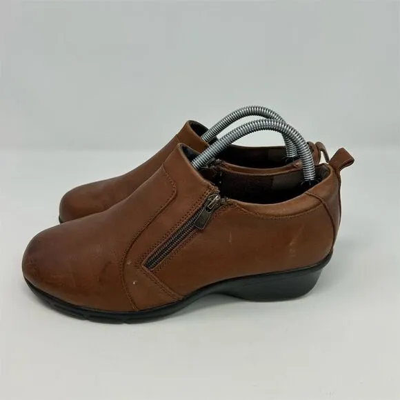 Propet Wendy Cognac Brown Leather Loafers Size 8.5 Extra Wide Casual Zip Comfort