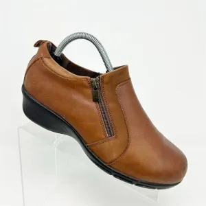 Propet Wendy Cognac Brown Leather Loafers Size 8.5 Extra Wide Casual Zip Comfort