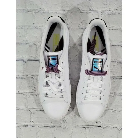 Puma Clyde Overload Leather Foil Sneakers White Purple 381965 01 MENS SIZE 11.5