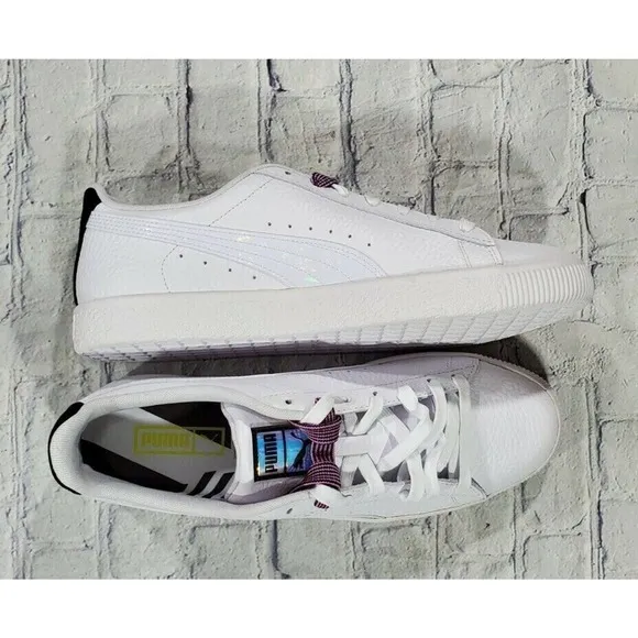 Puma Clyde Overload Leather Foil Sneakers White Purple 381965 01 MENS SIZE 11.5