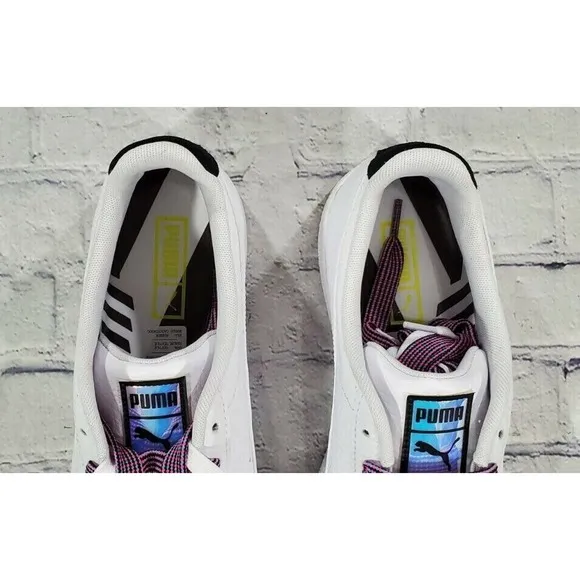 Puma Clyde Overload Leather Foil Sneakers White Purple 381965 01 MENS SIZE 11.5