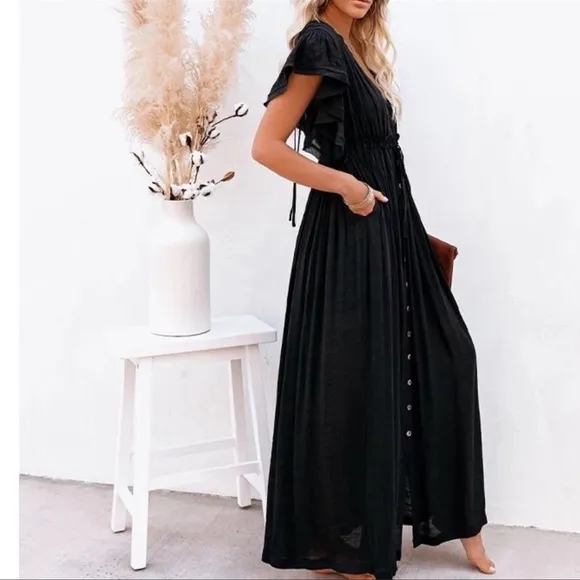 Queen Of Night Boho Gauze Button Front Flutter Maxi Dress W/Adjustable Waist