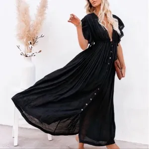 Queen Of Night Boho Gauze Button Front Flutter Maxi Dress W/Adjustable Waist