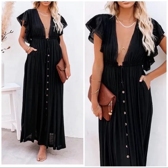 Queen Of Night Boho Gauze Button Front Flutter Maxi Dress W/Adjustable Waist