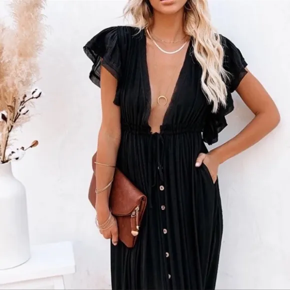 Queen Of Night Boho Gauze Button Front Flutter Maxi Dress W/Adjustable Waist