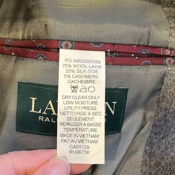 📕Ralph Lauren cashmere silk sports coat gray single breasted 46 Long