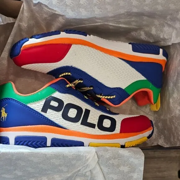 Ralph Lauren Polo Unisex Child White/Multi/Ylw Tech Racer Sneaker Size 4 NWT