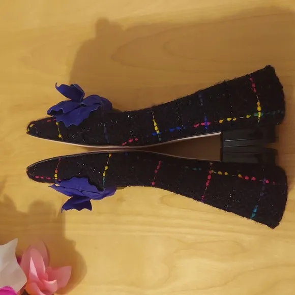 Ramon Tenza Black Plaid Boucle Tweed Loafers with Blue Flower Detail Size 6