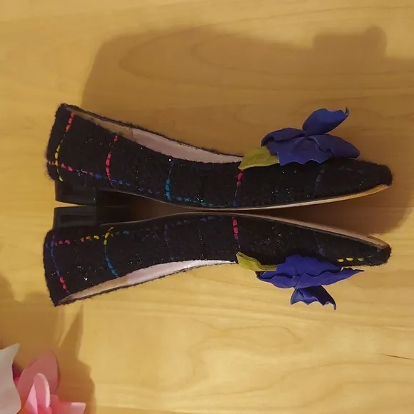 Ramon Tenza Black Plaid Boucle Tweed Loafers with Blue Flower Detail Size 6