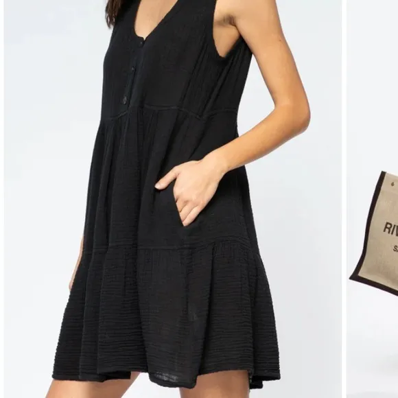 Raquel Allegra Roma Tiered Dress Washed Black Gauze Cotton Mini Babydoll Dress