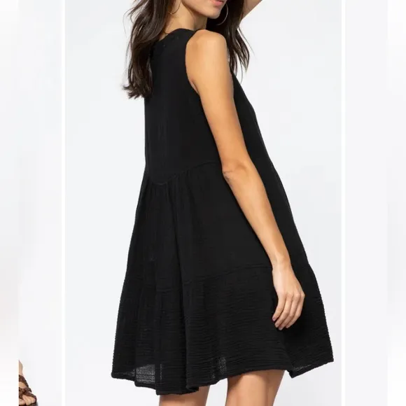 Raquel Allegra Roma Tiered Dress Washed Black Gauze Cotton Mini Babydoll Dress