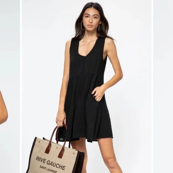 Raquel Allegra Roma Tiered Dress Washed Black Gauze Cotton Mini Babydoll Dress