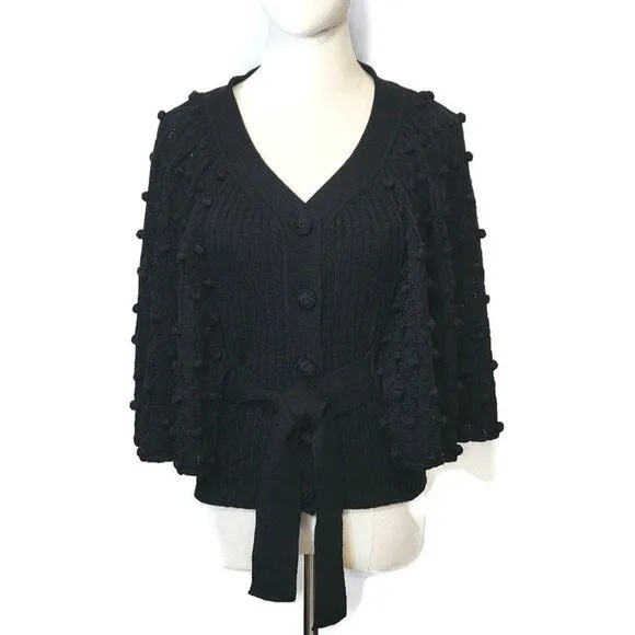 Rebecca Taylor Black V Neck Wide Sleeve Tie Waist Ribbed Wool Sweater Size XS