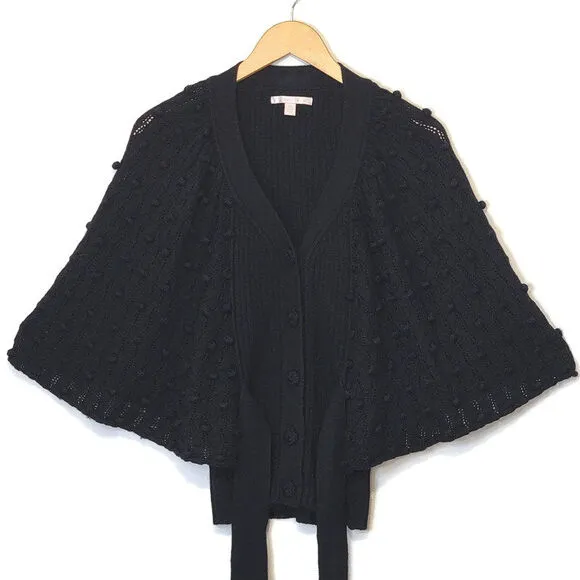 Rebecca Taylor Black V Neck Wide Sleeve Tie Waist Ribbed Wool Sweater Size XS