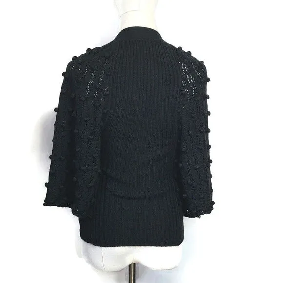 Rebecca Taylor Black V Neck Wide Sleeve Tie Waist Ribbed Wool Sweater Size XS