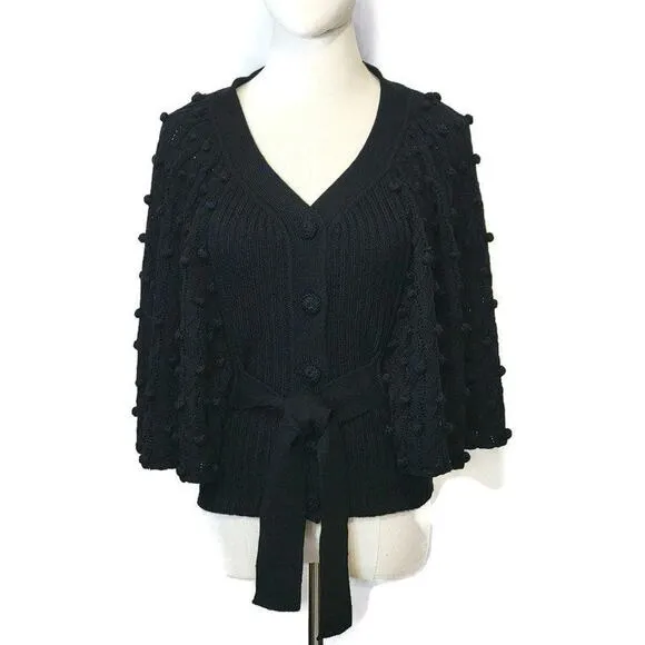 Rebecca Taylor Black V Neck Wide Sleeve Tie Waist Ribbed Wool Sweater Size XS