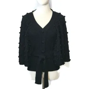 Rebecca Taylor Black V Neck Wide Sleeve Tie Waist Ribbed Wool Sweater Size XS