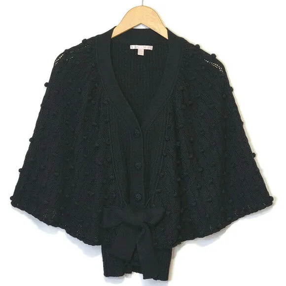 Rebecca Taylor Black V Neck Wide Sleeve Tie Waist Ribbed Wool Sweater Size XS