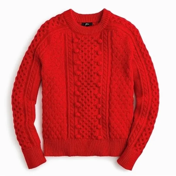 Red Cable Knit Pom Pom Wool Sweater by J. crew XS