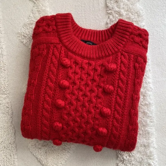 Red Cable Knit Pom Pom Wool Sweater by J. crew XS