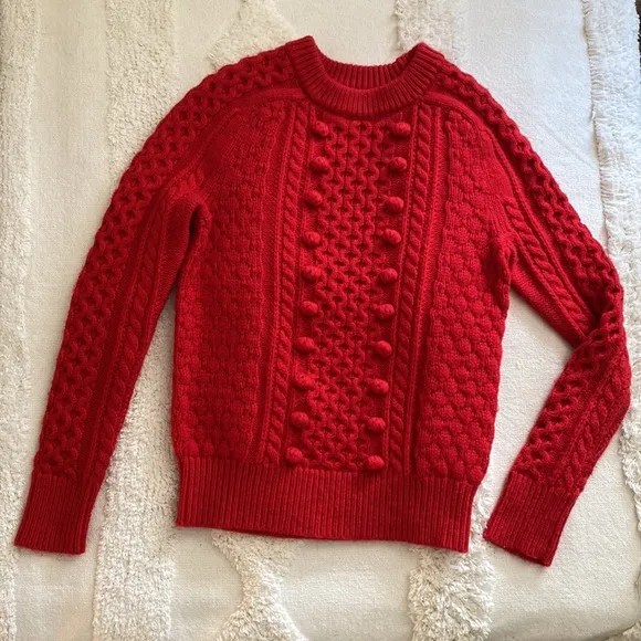 Red Cable Knit Pom Pom Wool Sweater by J. crew XS