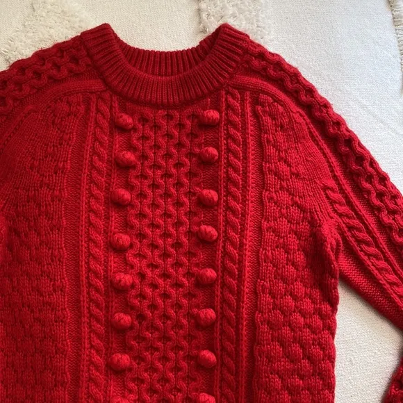 Red Cable Knit Pom Pom Wool Sweater by J. crew XS