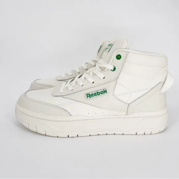 Reebok Cream White &amp; Green Comfort Leather Tech Geo High Top Sneakers Shoes