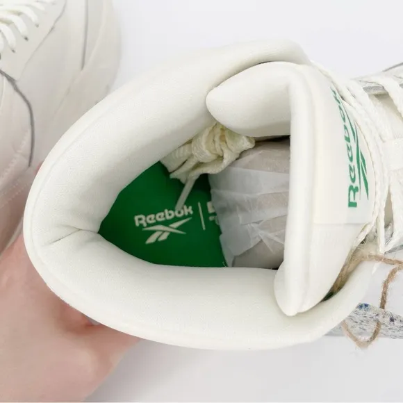 Reebok Cream White &amp; Green Comfort Leather Tech Geo High Top Sneakers Shoes