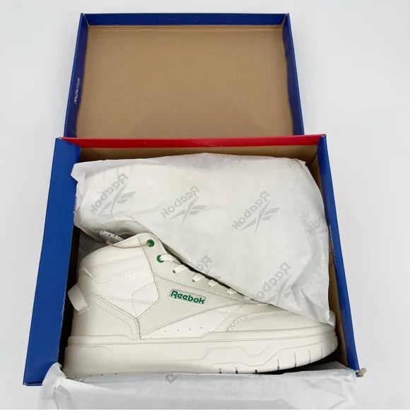 Reebok Cream White &amp; Green Comfort Leather Tech Geo High Top Sneakers Shoes