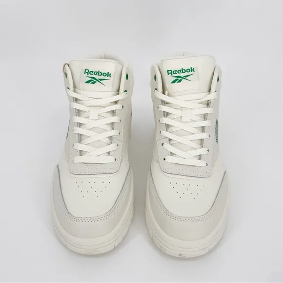 Reebok Cream White &amp; Green Comfort Leather Tech Geo High Top Sneakers Shoes