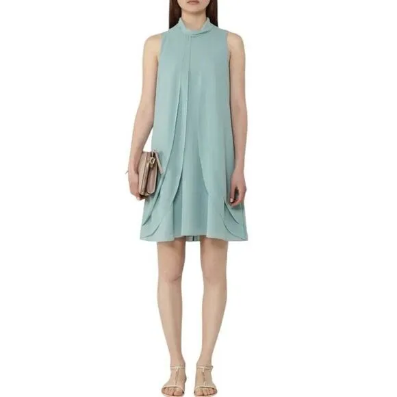 Reiss Cohen Shift Dress Size 2 Sea Glass Green Ruffle Front Chiffon High Neck