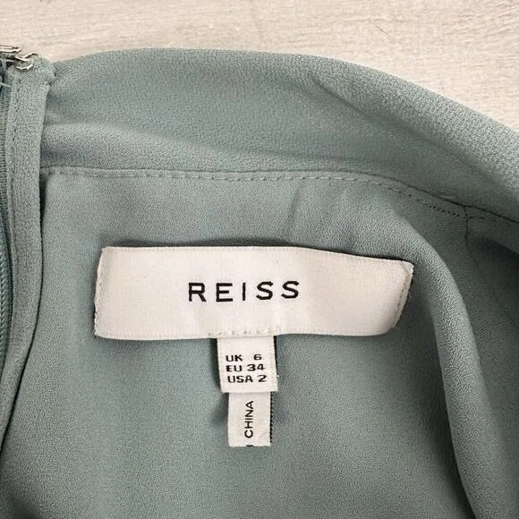 Reiss Cohen Shift Dress Size 2 Sea Glass Green Ruffle Front Chiffon High Neck