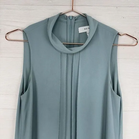 Reiss Cohen Shift Dress Size 2 Sea Glass Green Ruffle Front Chiffon High Neck
