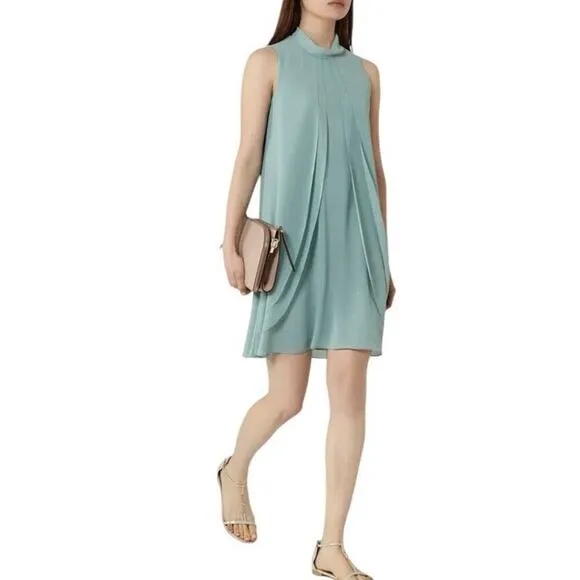 Reiss Cohen Shift Dress Size 2 Sea Glass Green Ruffle Front Chiffon High Neck