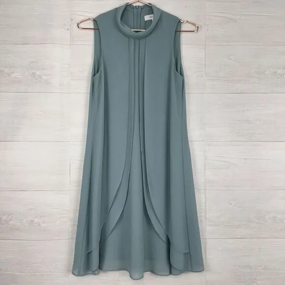 Reiss Cohen Shift Dress Size 2 Sea Glass Green Ruffle Front Chiffon High Neck