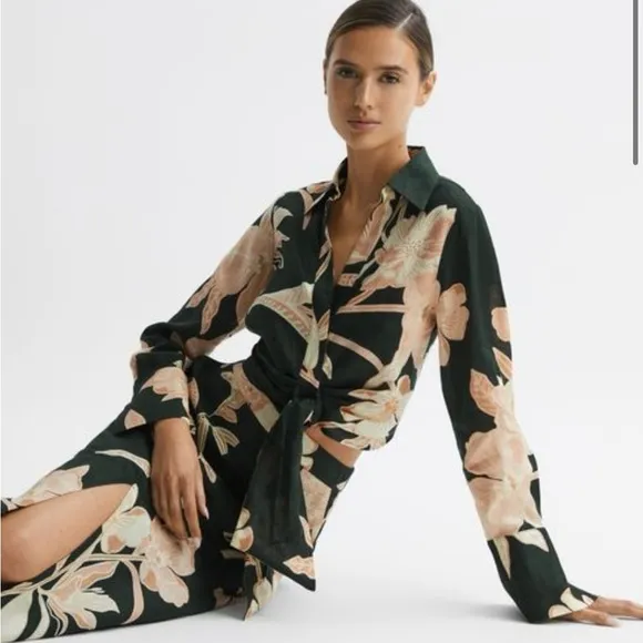 REISS SET, DAHLIA PRINT LINEN TIE FRONT BLOUSE AND HIGH RISE MIDI SKIRT, SIZE 0