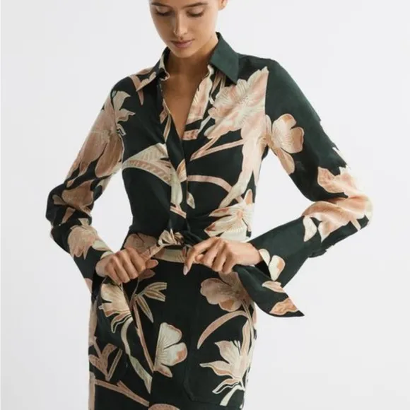 REISS SET, DAHLIA PRINT LINEN TIE FRONT BLOUSE AND HIGH RISE MIDI SKIRT, SIZE 0