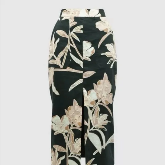 REISS SET, DAHLIA PRINT LINEN TIE FRONT BLOUSE AND HIGH RISE MIDI SKIRT, SIZE 0