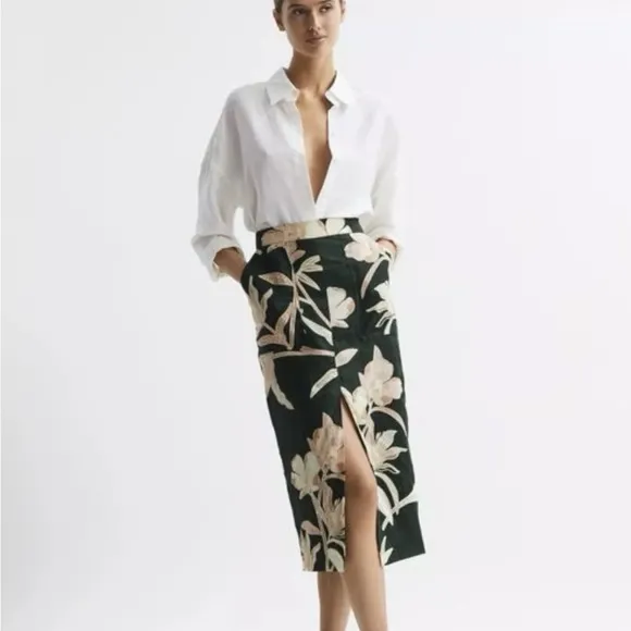 REISS SET, DAHLIA PRINT LINEN TIE FRONT BLOUSE AND HIGH RISE MIDI SKIRT, SIZE 0