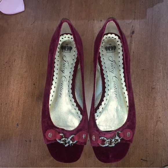 Retro Juicy Couture Pam &amp; Gela Maroon Velvet Open-Toed Ballet Flats