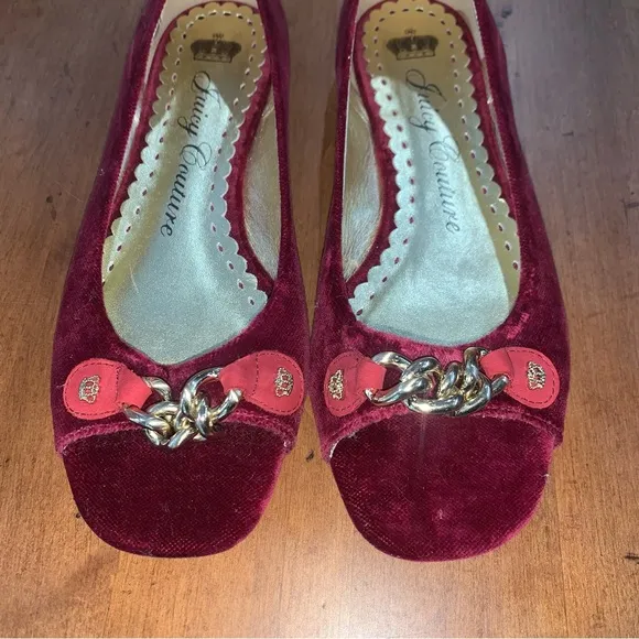 Retro Juicy Couture Pam &amp; Gela Maroon Velvet Open-Toed Ballet Flats