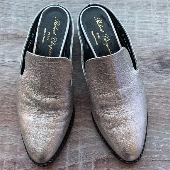 Robert Clergerie Alice open heel flat Mules loafers silver Sz 36.5