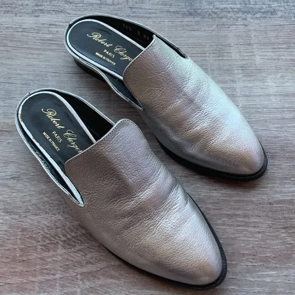 Robert Clergerie Alice open heel flat Mules loafers silver Sz 36.5