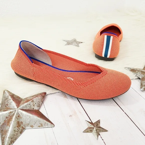 Rothy's The Flat Persimmon Marine orange navy blue heel stripe flats size 7