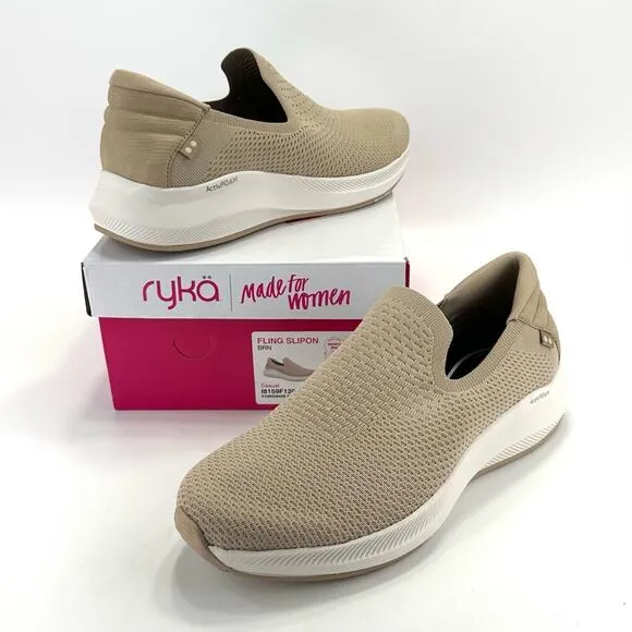 RYKA “FLING” TAN STRETCH KNIT ANATOMICAL INSOLES CASUAL SLIP-ON SNEAKERS🆕