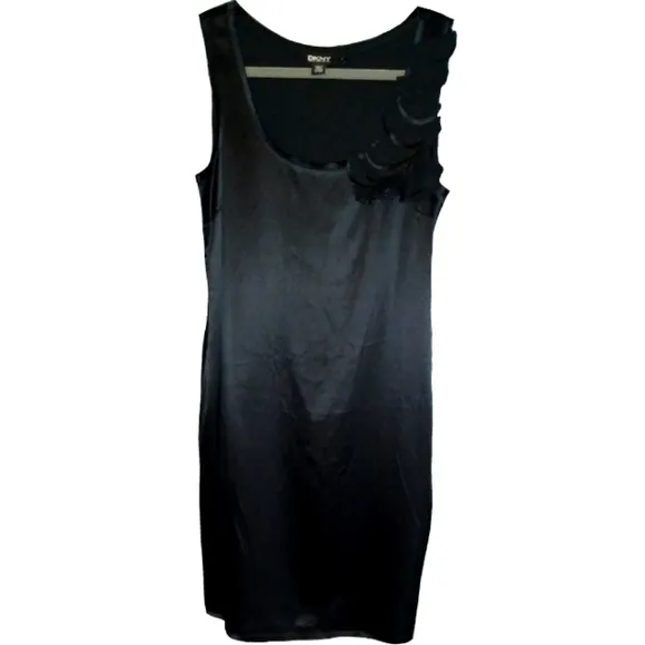 🌺SALE $395 Silk Stretch Blend DKNY Black Mini Dress Donna Karan Abstract Floral